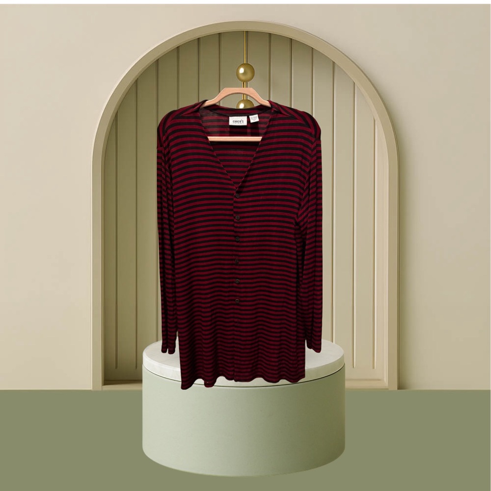 Chico’s Traveler Striped Red and Black Button-Up Cardigan